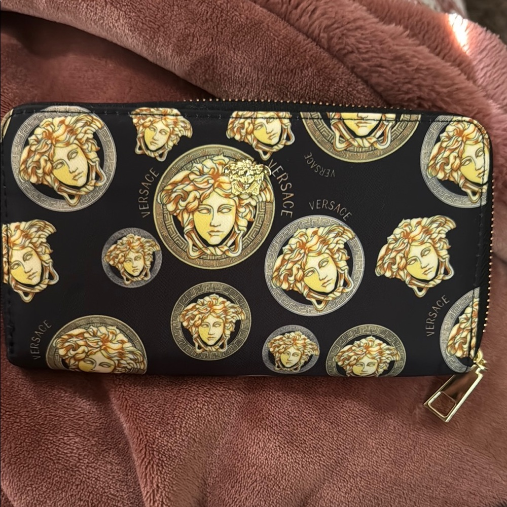 Versace Black and Gold Medusa Pattern Wallet